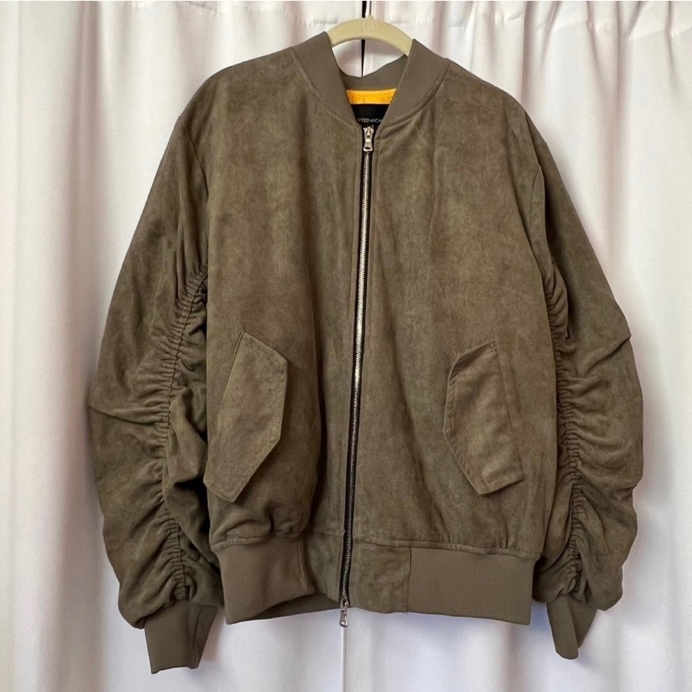 Men's Lifted Anchors Bird Neutral Green Suede Zip Up Bomber Jacket Size Medium